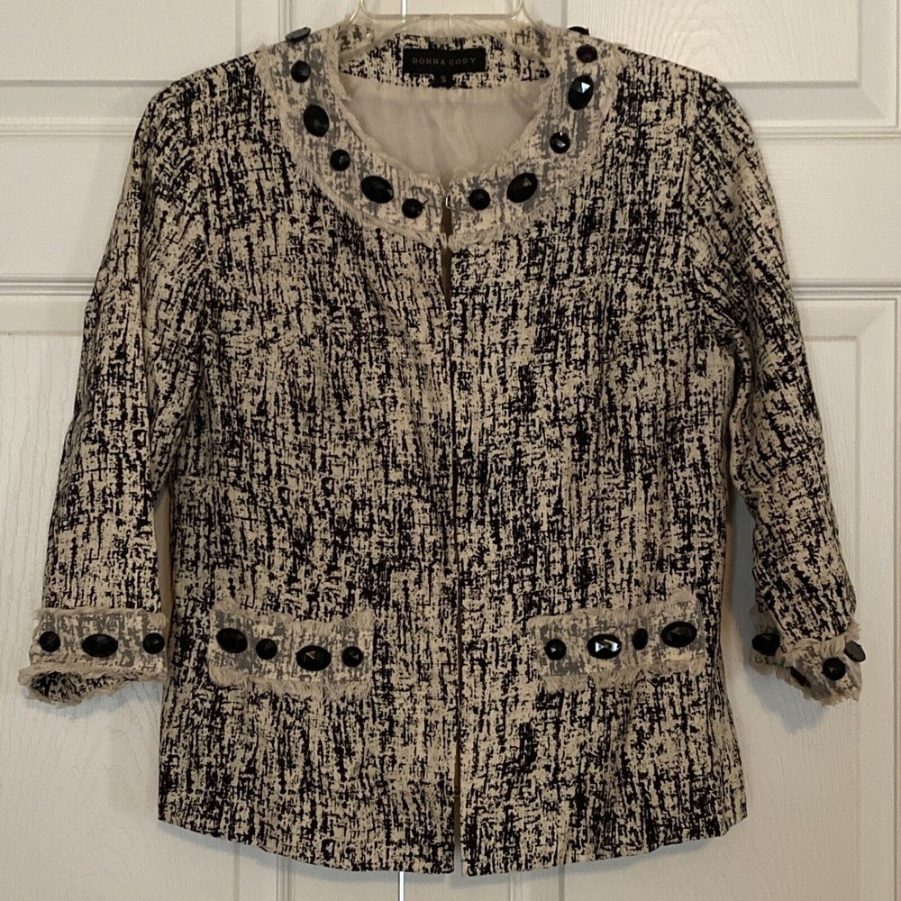 Donna Cody Linen Jacket with Black Beaded Embellishments Women's Size Sm…